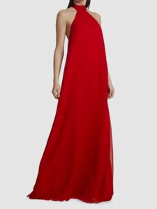 $995 Halston Women's Red Silk Lizza Chiffon Halter Gown Dress Size 16 - Picture 1 of 7