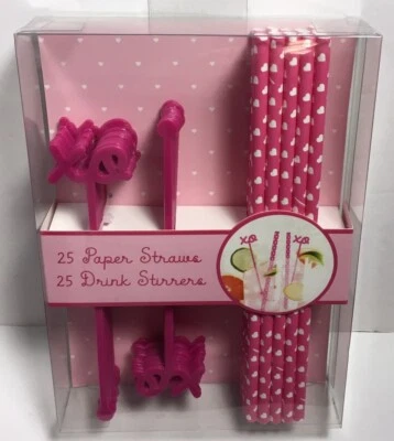 XOXO LOVE ~ HEARTS ❤️ 25 PAPER STRAWS & 25 DRINK STIR STICKS NIB - Image 1 of 4