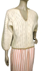 80s Vintage Cashmere Blend Stiped Lace Batwing Knit Fuzzy Pullover Sweater - Picture 1 of 7