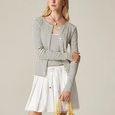 Cárdigan tejido acanalado fino J.Crew para mujer M blanco azul a rayas botón delantero calce ajustado Foto 1 de 4