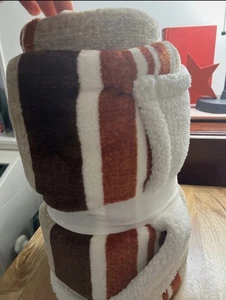 Printed Velvet Plush &  Faux Shearling Soft Throw Blanket,, Brown Stripe 50x60 - Picture 1 of 4