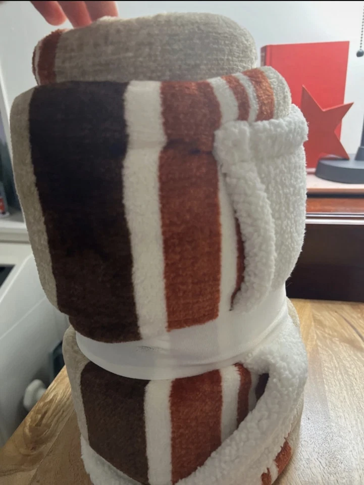 Printed Velvet Plush &  Faux Shearling Soft Throw Blanket,, Brown Stripe 50x60 - Image 1 of 4
