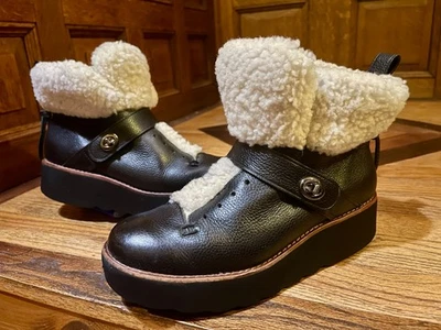 Coach Urban Hiker Size 7B Shearling Black Leather Platform Turn Lock Ankle Boots - Image 1 of 4