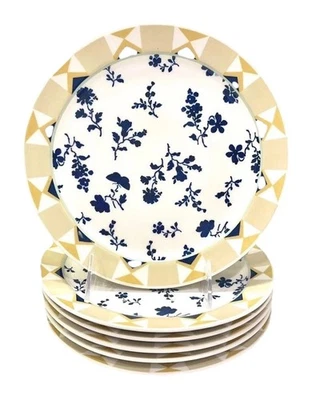 (6) Platos de ensalada Anthropologie LOREN borde geométrico floral azul 8,25” ~NUEVO Foto 1 de 4