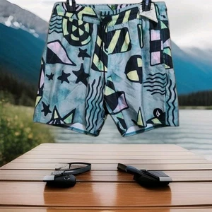 Volcom Stoneys Board Shorts Swim Trunks Men Sz M Geometric Green Black - Picture 1 of 5