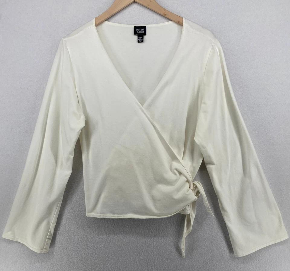 Top EILEEN FISHER XL Algodón Elástico Balletcore Envolvente Corbata Blanco EE. UU. De Colección Foto 1 de 4