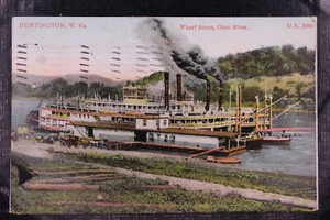 1907 Wharf Scene, Ohio River, Huntington, WV Mulit-Deck Steamboats Postcard - Picture 1 of 2