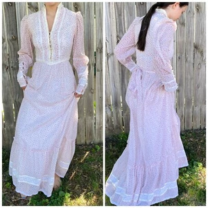 Vtg Gunne Sax White Pink Floral Maxi Prairie Dress Lace Trim Pearl 0/2 7 USA - Picture 1 of 24