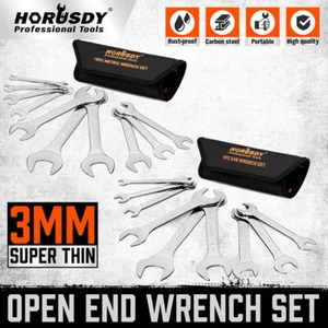 19PC SAE & Metric Thin Open End Wrench Set Bike Wrench Set W/ Rolling Pouch CR-V - Picture 1 of 11