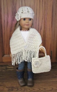 Doll 3 Pc. Outfit Tote Purse Hat Shawl Handmade Crocheted Fits 18" American Girl - Picture 1 of 7