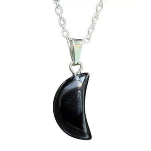 Black Obsidian Moon Pendant Dragon Glass Gemstone 18" Chain Necklace Jewellery - Picture 1 of 7