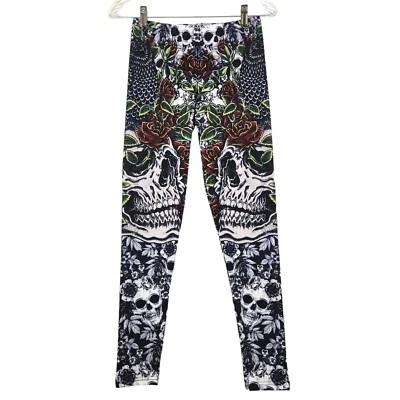 Juniors Calaveras Leggings Talla Mediana Gótico Rosas Pájaros Bruja Arte Rocker Halloween Foto 1 de 4