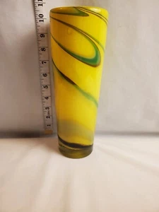 Yellow Glass 10' Bud Vase Blue Green Swirl - Picture 1 of 3