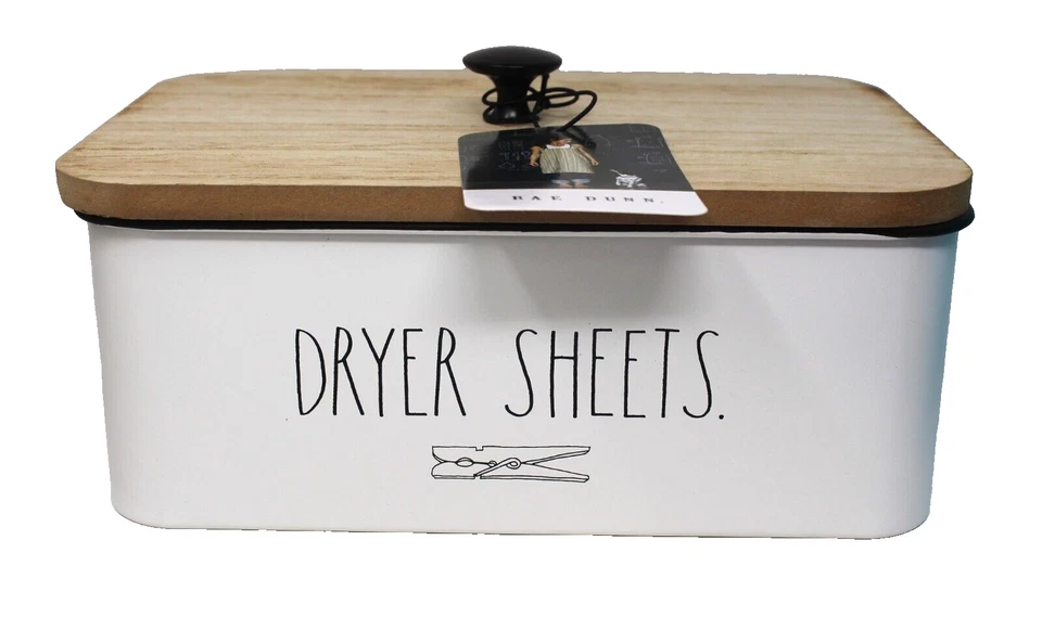Rae Dunn Dryer Sheets Metal Laundry Tin White with Wooden Top Brand New - Image 1 of 1