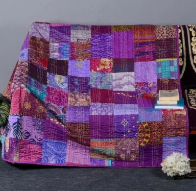 Indian Silk Kantha Quilt Handmade Sari Patchwork Bedspread Blanket Throw - Image 1 of 3