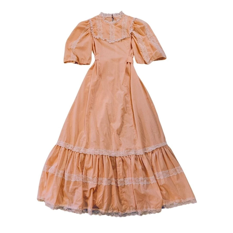 Womens Sz M ? Cottage Core Prairie Vtg Maxi Dress Polka Dot Pink Lace Boho - Image 1 of 4