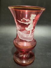 MARY GREGORY Hand Painted Bohemia Cranberry Art Glass Vase 5 3/4" Girl Painting