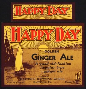 Botella de soda pop de colección etiqueta HAPPY DAY GINGER ALE Hastings PA sin usar n-como nueva - Imagen 1 de 2