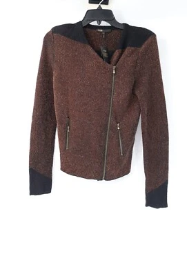 NWT Maje cardigan womens 1 brown black moto asymmetric full zip knitted jacket - Image 1 of 4