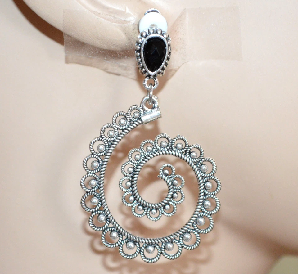 Orecchini a clips donna argento pietra nera pendenti etnici tibetani UD36 - Immagine 1 di 1