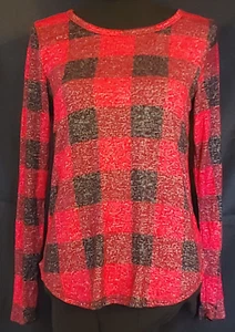 Top pigiama, vecchio blu navy, rosso/nero a quadretti, manica lunga, M - Foto 1 di 4