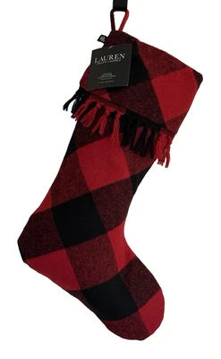 Ralph Lauren Christmas BUFFALO PLAID Stocking Red & Black Check Fringe NEW - Image 1 of 4