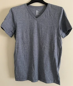 H&M Men's V-neck Short Sleeve Shirt Blue Striped Cotton Blend Stretch Tee Medium - Picture 1 of 10