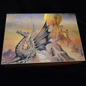 Wooden Box With Dragon Picture Roughly 7x5x2" - Picture 1 of 11
