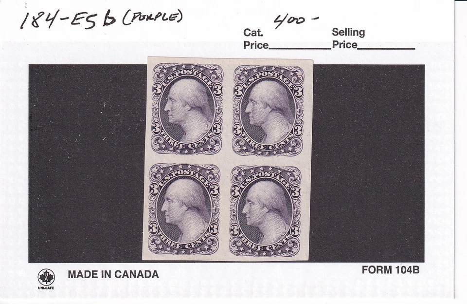 3c Washington Banknote Essay, Sc #184-E5b (Purple) blk/4 (62739) - Image 1 of 1