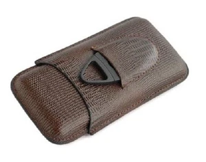 Brown Leather Lizard Embossed 3 Tube Cigar Case & Plastic Cutter Set - Picture 1 of 3