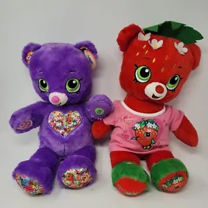 2x Build A Bear Shopkins peluche bacio fragola e orsacchiotti viola farciti - Foto 1 di 10