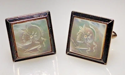 Gemelos cabeza guerrero troyano madreperla tallados en tono dorado vintage SWANK Foto 1 de 3