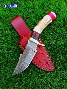 Skinning handmade 6”fixed blade Bowie knife Damascus Knives Stag Antler Knife - Picture 1 of 8