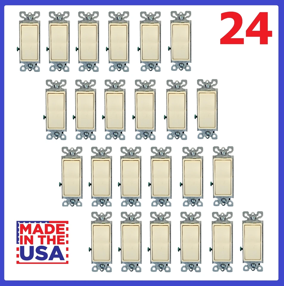 Lote de 24 interruptores decoradores de poste único luz amêndoa 15A 120/277V fabricados nos EUA - Imagem 1 de 4