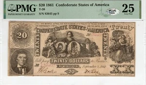 T-20 PF-5 1861 $20 Confederate Paper Money - PMG Very Fine 25 - PLUS! - Picture 1 of 2