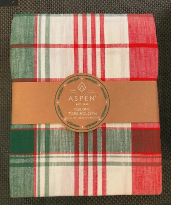 Aspen Sleigh Hill TARTAN PLAID 60 x 118" Red, Green & White Tablecloth--NWT - Image 1 of 2