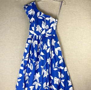 J Crew Dress Womens 6 Blue White Floral Midi One Shoulder Ruffle Pockets NWT - Picture 1 of 11