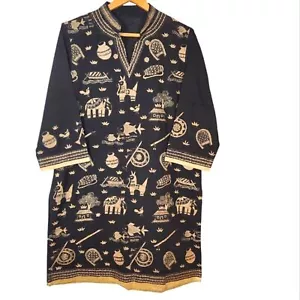 Handmade Indian Black Embroidered Tunic Kurta Kurti Linen Llama Elephant Kaftan - Picture 1 of 14