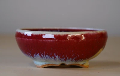 Japanese Bonsai Pot MUNAKATA ISSO φ2.5"(6.4cm) Red/White Glazed Round Y720 - Image 1 of 4