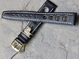 Correa de reloj de rally vintage negra 18 mm cosida en contraste hebilla amarilla europea NOS - Imagen 1 de 4