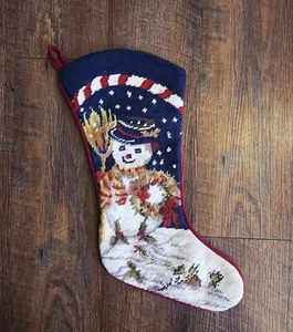 TRUE VTG Wool Needlepoint Christmas Stocking Snowman Broom Holly Berry Wreath - Bild 1 von 5