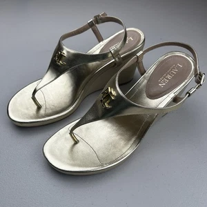 Lauren Ralph Lauren Jeannie Wedge Sandals Heels T Strap All Gold Size 10B EUC - Picture 1 of 14