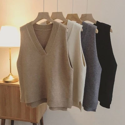 Women Knitted Sweater Vest Sleeveless Top Korean Style Deep V Neck Loose - Image 1 of 4