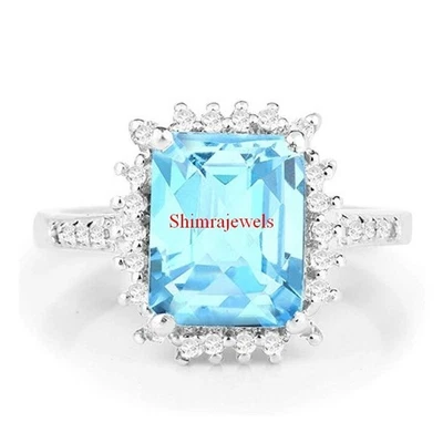 Natürlich Blau Topas Edelstein Mit 18K Weiß Vergoldet Silber Damen Ring #55 - Bild 1 von 4