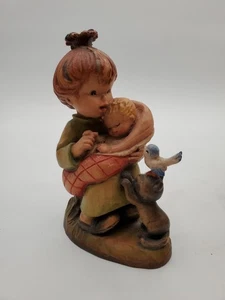 Vintage Anri Little Mother Girl w/ Baby, Kitten & Bird 6" Carved Wood Figurine - Picture 1 of 7