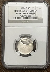 1996 P Jefferson Nickel Error Coin Struck 55% Off Center MS 64 NGC Mint Error - Picture 1 of 4