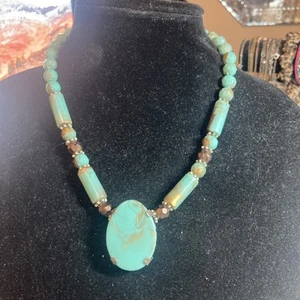 Turquoise Blue Tone Acrylic Crystal Beaded Necklace 16” B151 - Picture 1 of 7