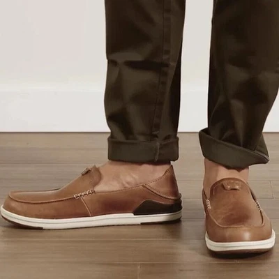 Zapatos mocasines sin cordones de cuero para hombre OluKai Kakaha talla 9,5 $130 en color tostado zorro usados en excelente estado Foto 1 de 4