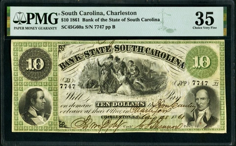8/28/1861 Charleston SC Bank of the State of South Carolina $10 PMG Choice VF35 Cover