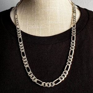 Sterling Silver 24" Figaro Chain 7.5MM Link Necklace Mens Rapper Rocker Hip Hop - Picture 1 of 9